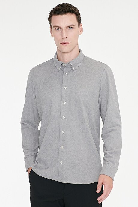 Pamuklu Tailored Slim Fit Dar Kesim Düğmeli Yaka Örme Gri Gömlek resmi