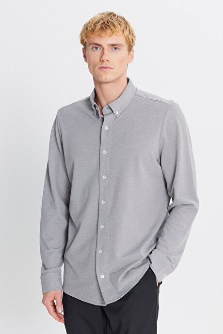Pamuklu Tailored Slim Fit Dar Kesim Düğmeli Yaka Örme Gri Gömlek resmi