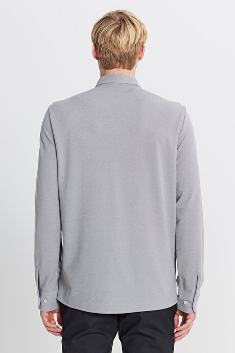 Pamuklu Tailored Slim Fit Dar Kesim Düğmeli Yaka Örme Gri Gömlek resmi