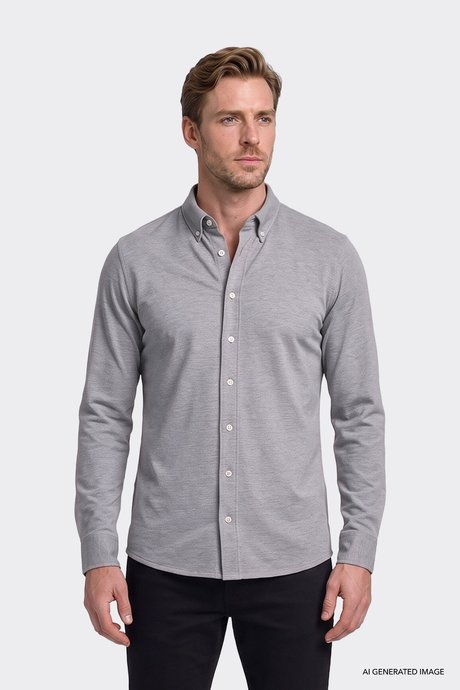 Pamuklu Tailored Slim Fit Dar Kesim Düğmeli Yaka Örme Gri Gömlek resmi