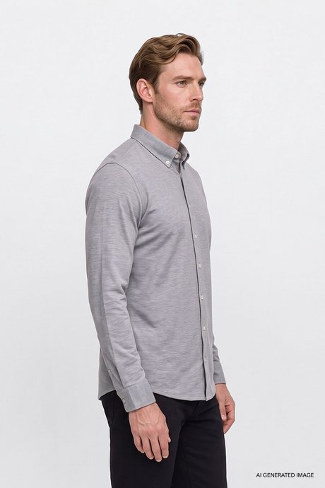 Pamuklu Tailored Slim Fit Dar Kesim Düğmeli Yaka Örme Gri Gömlek resmi