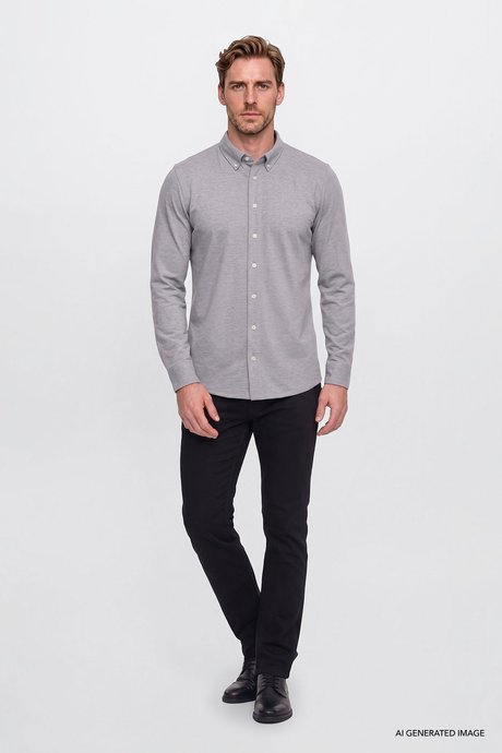 Pamuklu Tailored Slim Fit Dar Kesim Düğmeli Yaka Örme Gri Gömlek resmi