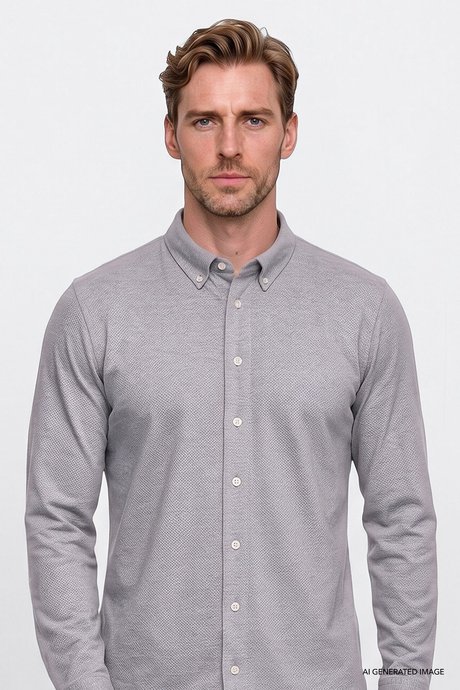 Pamuklu Tailored Slim Fit Dar Kesim Düğmeli Yaka Örme Gri Gömlek resmi
