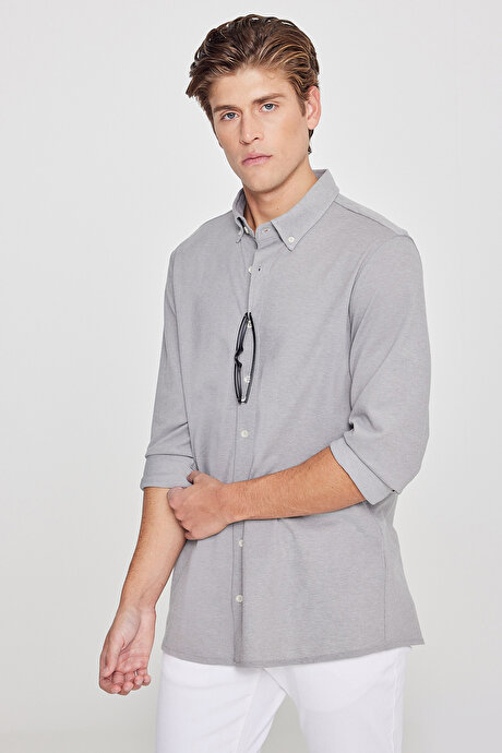 Pamuklu Tailored Slim Fit Dar Kesim Düğmeli Yaka Örme Gri Gömlek resmi