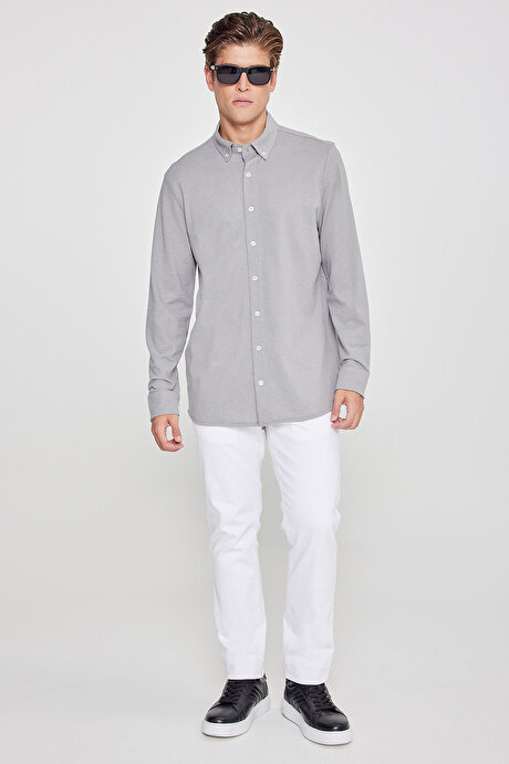 Pamuklu Tailored Slim Fit Dar Kesim Düğmeli Yaka Örme Gri Gömlek resmi