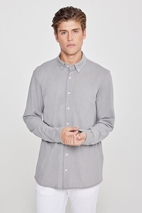 Pamuklu Tailored Slim Fit Dar Kesim Düğmeli Yaka Örme Gri Gömlek resmi