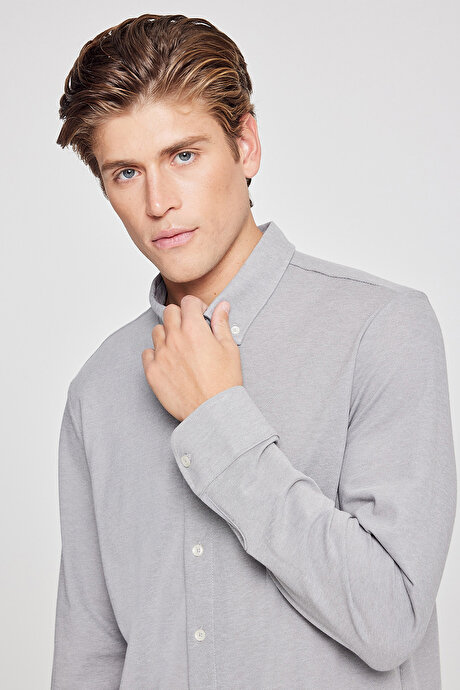 Pamuklu Tailored Slim Fit Dar Kesim Düğmeli Yaka Örme Gri Gömlek resmi