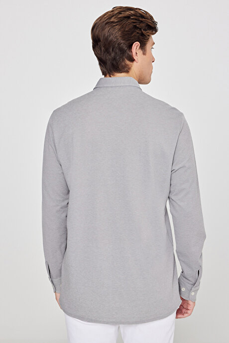 Pamuklu Tailored Slim Fit Dar Kesim Düğmeli Yaka Örme Gri Gömlek resmi