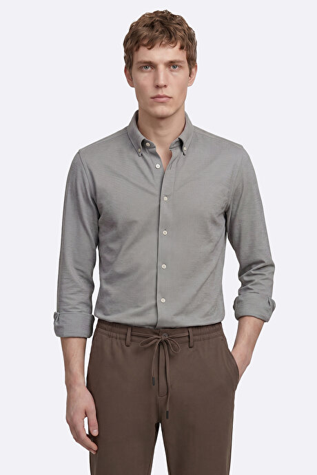 Pamuklu Tailored Slim Fit Dar Kesim Düğmeli Yaka Örme Gri Gömlek resmi