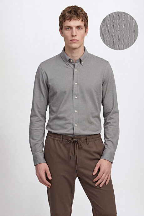 Pamuklu Tailored Slim Fit Dar Kesim Düğmeli Yaka Örme Gri Gömlek resmi