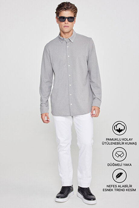 Pamuklu Tailored Slim Fit Dar Kesim Düğmeli Yaka Örme Gri Gömlek resmi
