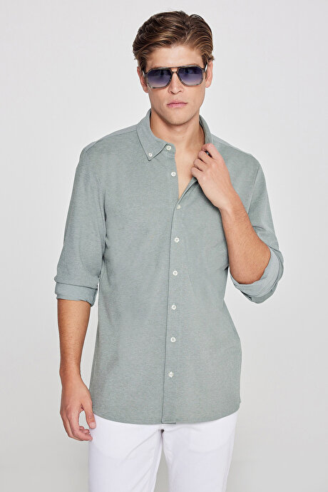 Pamuklu Tailored Slim Fit Dar Kesim Düğmeli Yaka Örme Haki Gömlek resmi