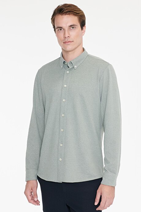 Pamuklu Tailored Slim Fit Dar Kesim Düğmeli Yaka Örme Haki Gömlek resmi