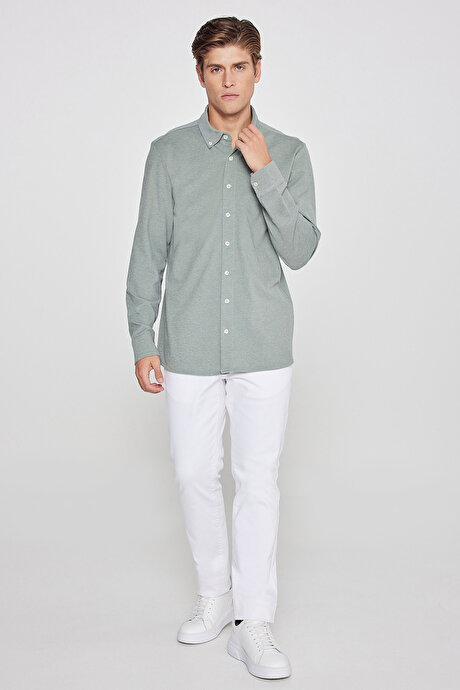 Pamuklu Tailored Slim Fit Dar Kesim Düğmeli Yaka Örme Haki Gömlek resmi