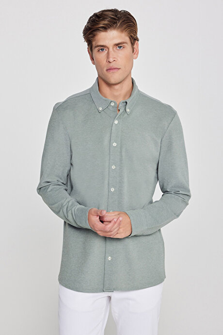 Pamuklu Tailored Slim Fit Dar Kesim Düğmeli Yaka Örme Haki Gömlek resmi