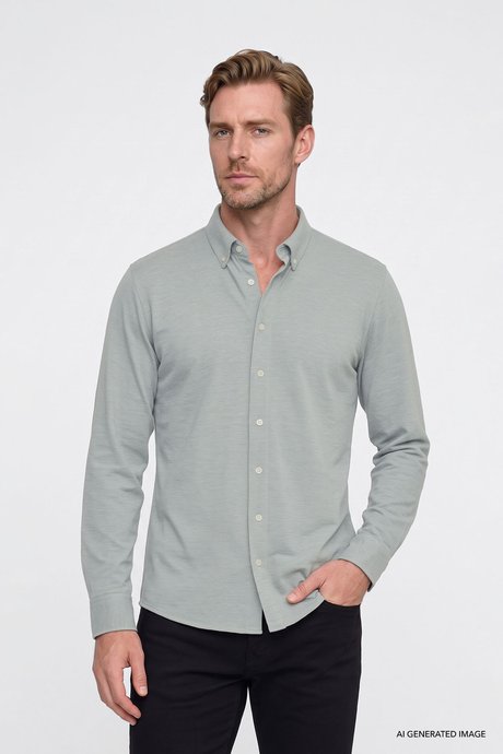 Pamuklu Tailored Slim Fit Dar Kesim Düğmeli Yaka Örme Haki Gömlek resmi
