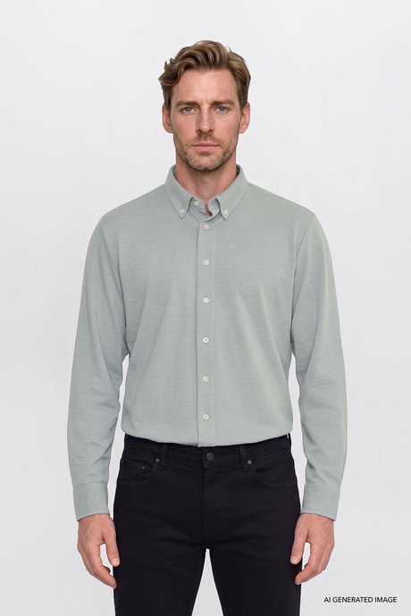 Pamuklu Tailored Slim Fit Dar Kesim Düğmeli Yaka Örme Haki Gömlek resmi