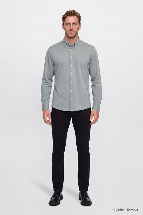 Pamuklu Tailored Slim Fit Dar Kesim Düğmeli Yaka Örme Haki Gömlek resmi