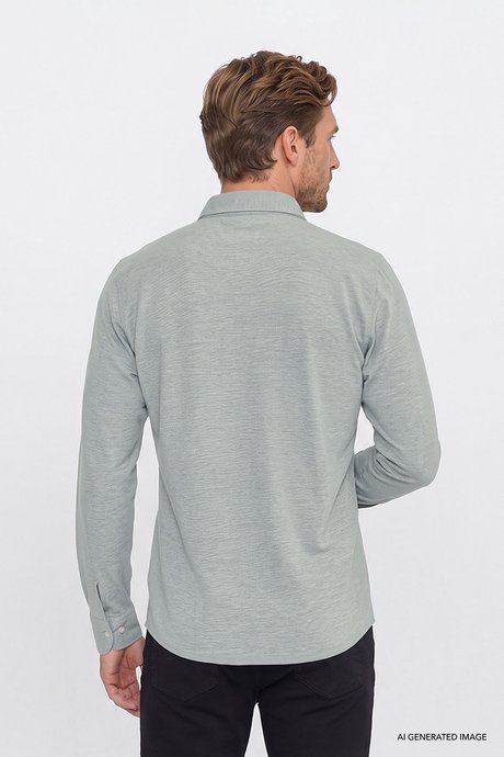 Pamuklu Tailored Slim Fit Dar Kesim Düğmeli Yaka Örme Haki Gömlek resmi
