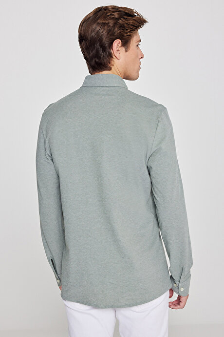 Pamuklu Tailored Slim Fit Dar Kesim Düğmeli Yaka Örme Haki Gömlek resmi