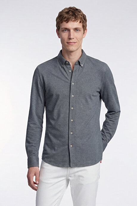Pamuklu Tailored Slim Fit Dar Kesim Düğmeli Yaka Örme İndigo Gömlek resmi