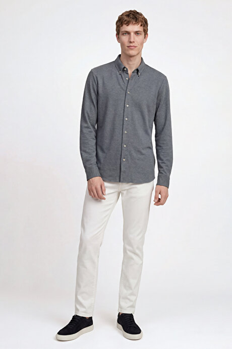 Pamuklu Tailored Slim Fit Dar Kesim Düğmeli Yaka Örme İndigo Gömlek resmi