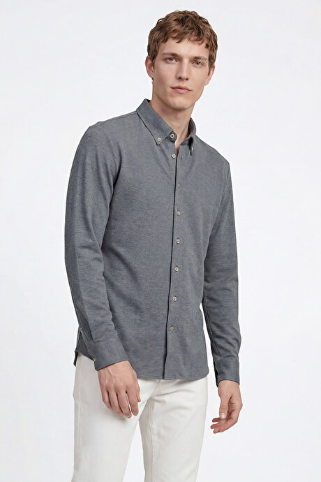 Pamuklu Tailored Slim Fit Dar Kesim Düğmeli Yaka Örme İndigo Gömlek resmi