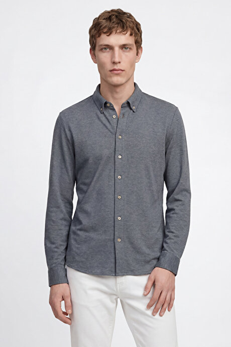 Pamuklu Tailored Slim Fit Dar Kesim Düğmeli Yaka Örme İndigo Gömlek resmi