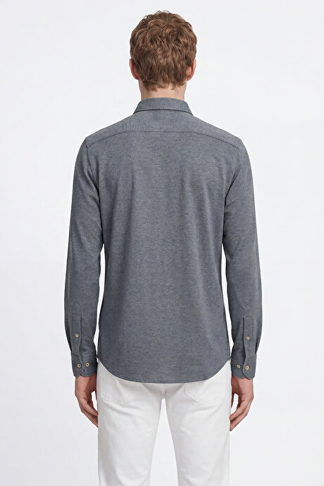 Pamuklu Tailored Slim Fit Dar Kesim Düğmeli Yaka Örme İndigo Gömlek resmi