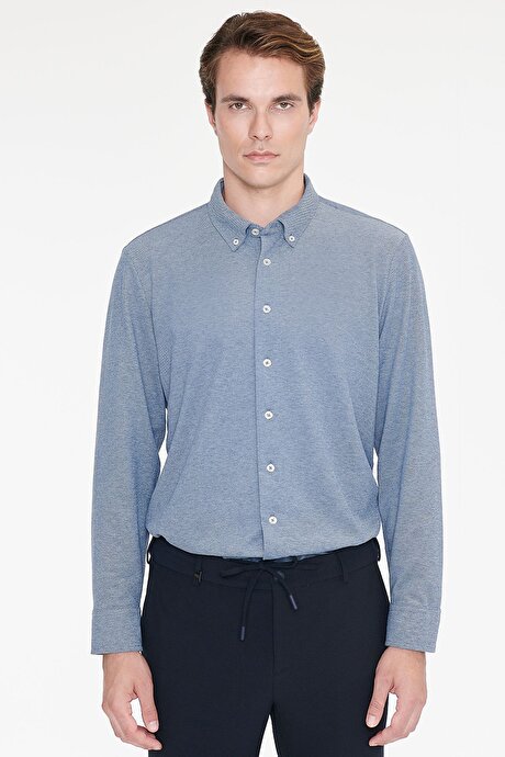 Pamuklu Tailored Slim Fit Dar Kesim Düğmeli Yaka Örme İndigo Gömlek resmi