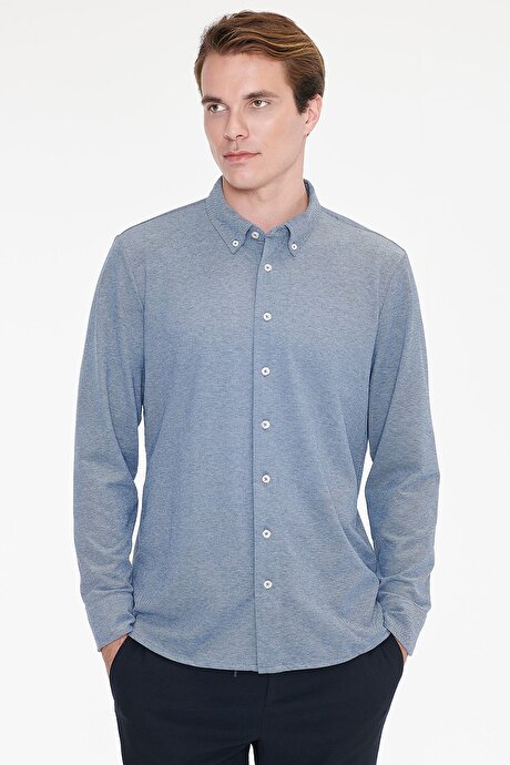 Pamuklu Tailored Slim Fit Dar Kesim Düğmeli Yaka Örme İndigo Gömlek resmi