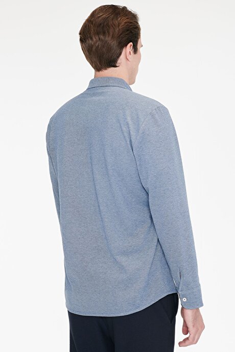 Pamuklu Tailored Slim Fit Dar Kesim Düğmeli Yaka Örme İndigo Gömlek resmi