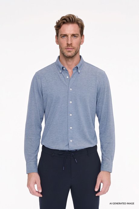 Pamuklu Tailored Slim Fit Dar Kesim Düğmeli Yaka Örme İndigo Gömlek resmi