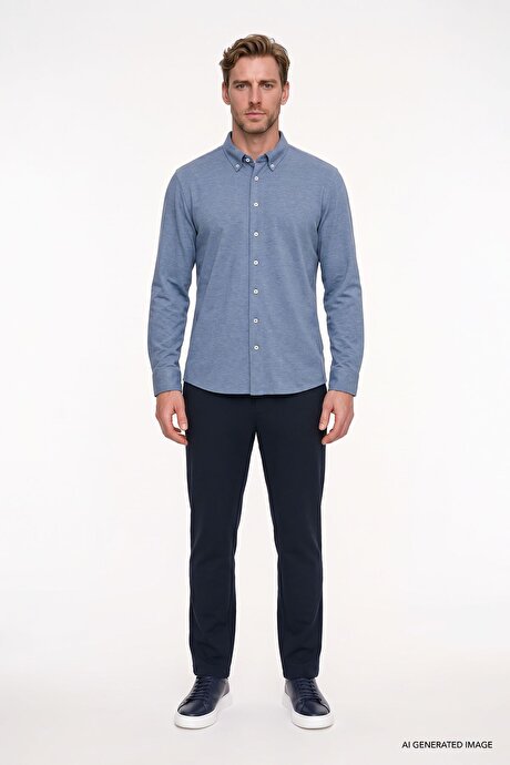 Pamuklu Tailored Slim Fit Dar Kesim Düğmeli Yaka Örme İndigo Gömlek resmi