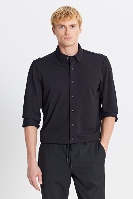 Pamuklu Tailored Slim Fit Dar Kesim Düğmeli Yaka Örme Siyah Gömlek resmi