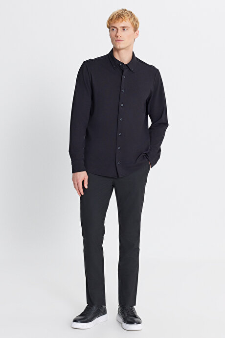 Pamuklu Tailored Slim Fit Dar Kesim Düğmeli Yaka Örme Siyah Gömlek resmi