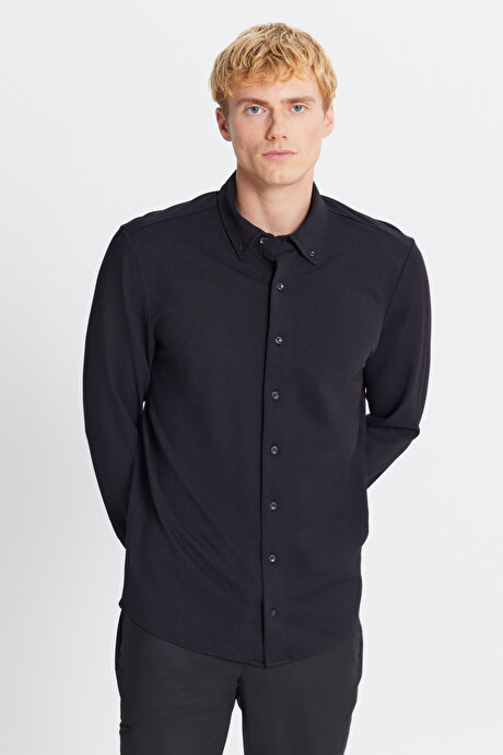 Pamuklu Tailored Slim Fit Dar Kesim Düğmeli Yaka Örme Siyah Gömlek resmi