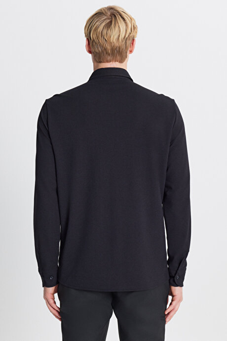 Pamuklu Tailored Slim Fit Dar Kesim Düğmeli Yaka Örme Siyah Gömlek resmi