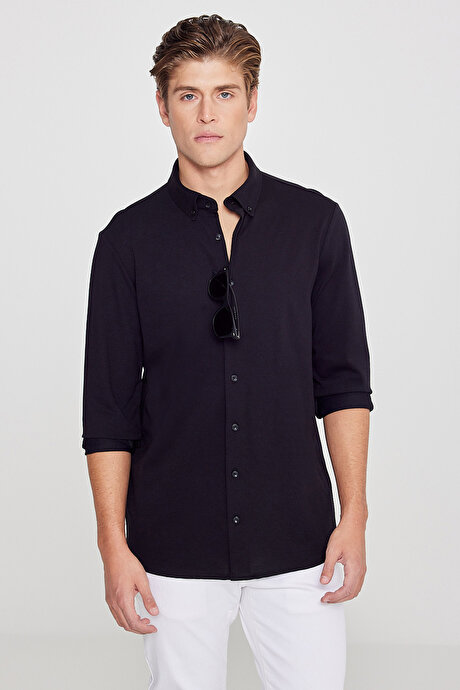 Pamuklu Tailored Slim Fit Dar Kesim Düğmeli Yaka Örme Siyah Gömlek resmi