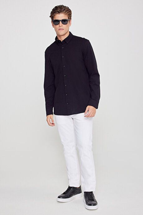 Pamuklu Tailored Slim Fit Dar Kesim Düğmeli Yaka Örme Siyah Gömlek resmi