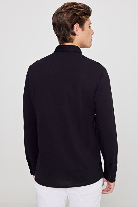 Pamuklu Tailored Slim Fit Dar Kesim Düğmeli Yaka Örme Siyah Gömlek resmi