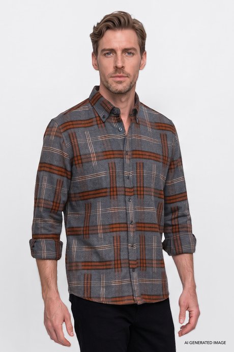 Oversize Fit Bol Kesim Gizli Düğmeli Yaka Ekose Desenli Flanel Antrasit-Bordo Gömlek resmi