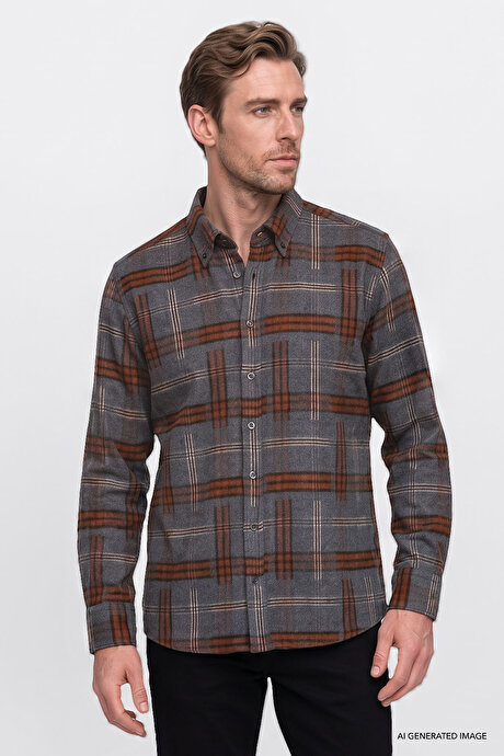 Oversize Fit Bol Kesim Gizli Düğmeli Yaka Ekose Desenli Flanel Antrasit-Bordo Gömlek resmi