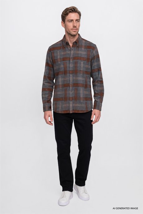 Oversize Fit Bol Kesim Gizli Düğmeli Yaka Ekose Desenli Flanel Antrasit-Bordo Gömlek resmi