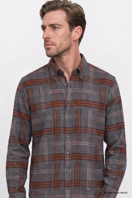 Oversize Fit Bol Kesim Gizli Düğmeli Yaka Ekose Desenli Flanel Antrasit-Bordo Gömlek resmi