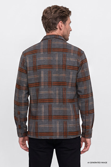 Oversize Fit Bol Kesim Gizli Düğmeli Yaka Ekose Desenli Flanel Antrasit-Bordo Gömlek resmi