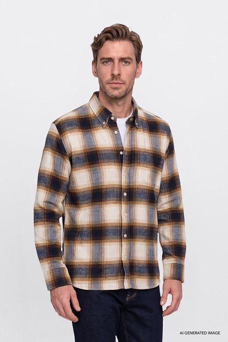Oversize Fit Bol Kesim Gizli Düğmeli Yaka Ekose Desenli Flanel Ekru-Lacivert Gömlek resmi