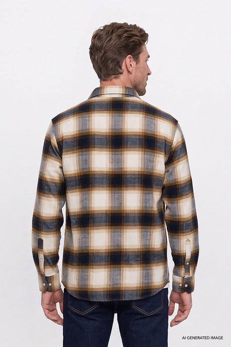 Oversize Fit Bol Kesim Gizli Düğmeli Yaka Ekose Desenli Flanel Ekru-Lacivert Gömlek resmi