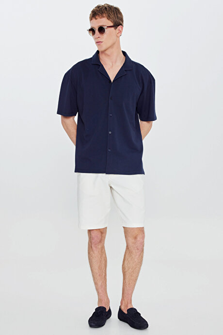 Pamuklu Comfort Fit Rahat Kesim Hawai Yaka Armürlü Örme Lacivert Gömlek resmi