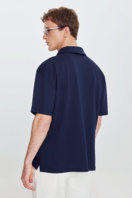 Pamuklu Comfort Fit Rahat Kesim Hawai Yaka Armürlü Örme Lacivert Gömlek resmi